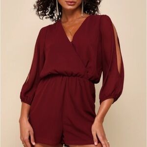 Luck and Love Burgundy Three-Quarter Sleeve Romper